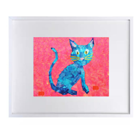 Mischievous Colorful Pink and Blue Cat Print for Nursery