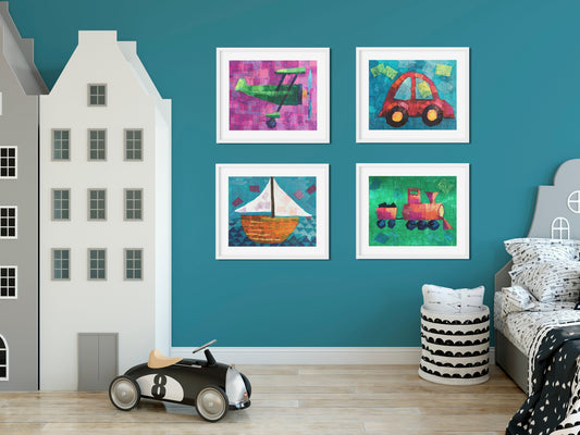 Set of 4 Transportation "Things That Go" Prints for Nursery and Kids Room, Colorful and Unique Nursery Decor, Train - Plane - Car - Boat